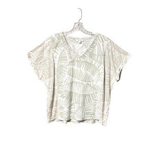 Chico's Women’s 3/XL 100% Linen Tropical Leaf Print Short Sleeve Top Beige White